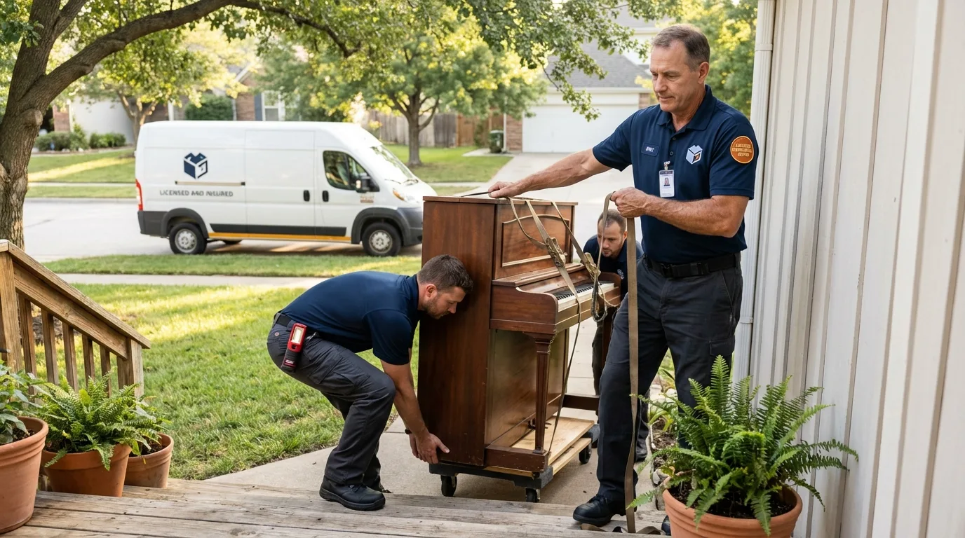 Licensed piano movers securing grand piano in Chester, MD