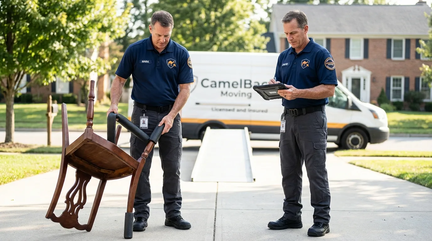 Movers inspecting furniture for damage prevention before loading in Chester, MD