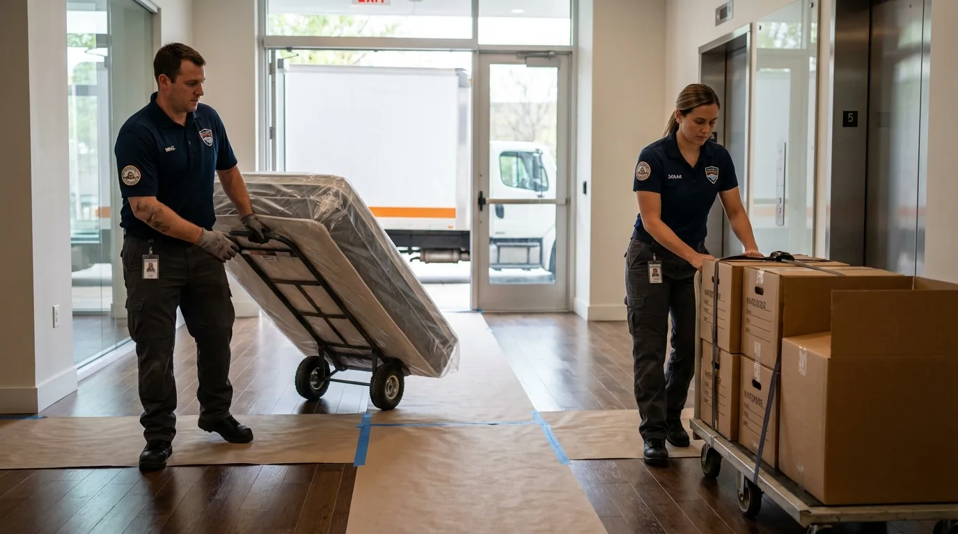 Professional apartment movers loading elevator in Chester, MD